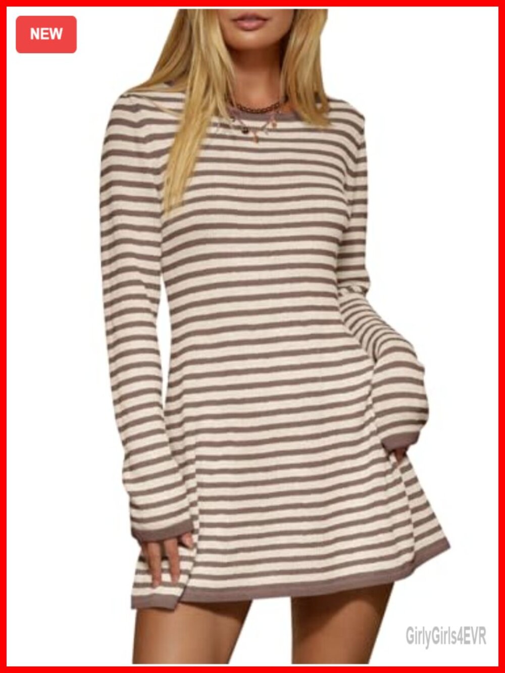 Striped Ribbed Knit Pullover Sweater Dress Long Sleeve Crewneck Mini
